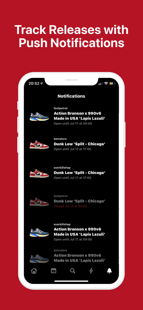 Interfaz de la aplicación Grails que muestra notificaciones push para próximos lanzamientos de zapatillas y actualizaciones de rifas