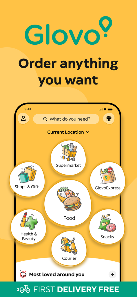 Glovo: Food Delivery, Takeaway - Interfaccia dell'app mobile Glovo che mostra categorie per la consegna di cibo, spesa e commissioni.