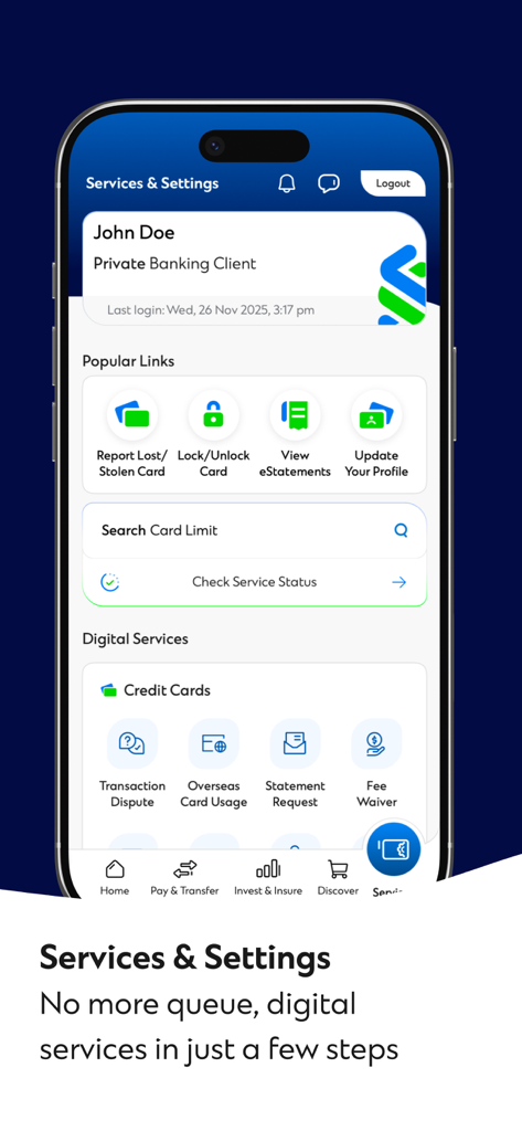 SC Mobile Singapore app Services and Settings screen featuring digital banking options for card management and service requests.