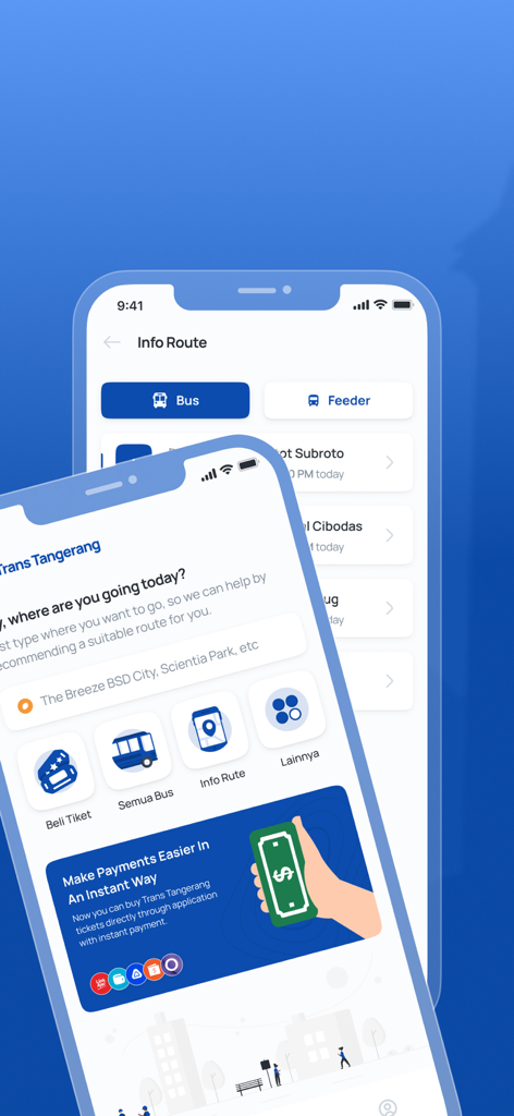 Mobile app screens of Trans Tangerang Ayo showing bus route information and ticket payment options