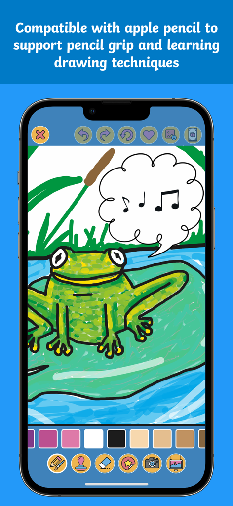 Twinkl ARt Studio - A digital drawing of a frog on a lily pad within the Twinkl ARt Studio app interface highlighting Apple Pencil compatibility.