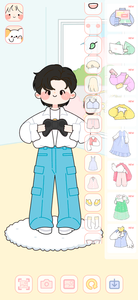 Interface of Lovely Doll dress up game showing a customizable chibi character holding a game controller.