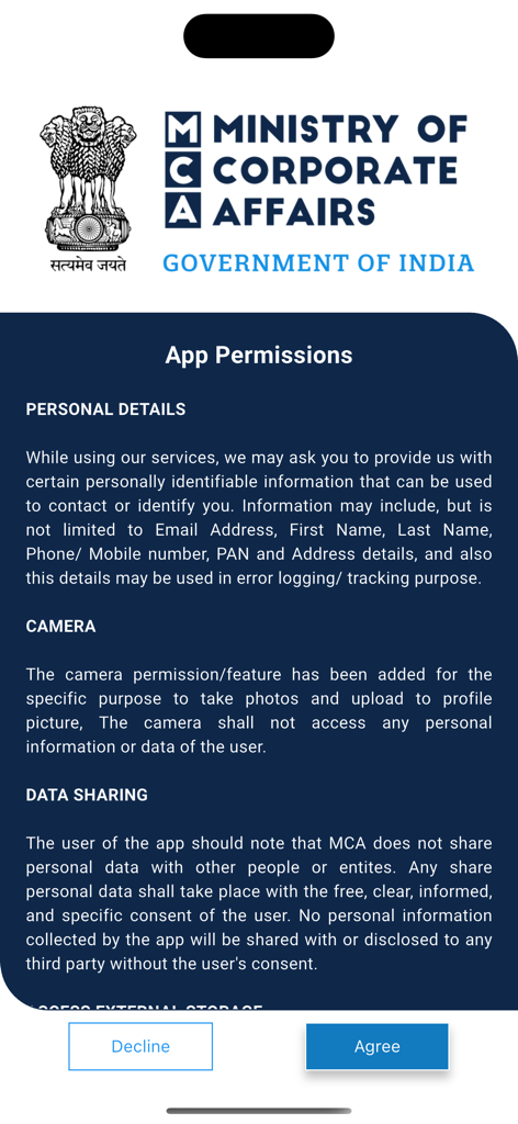 MCA India - MCA India app permissions screen outlining policies for personal details, camera access, and data sharing with Agree and Decline buttons.