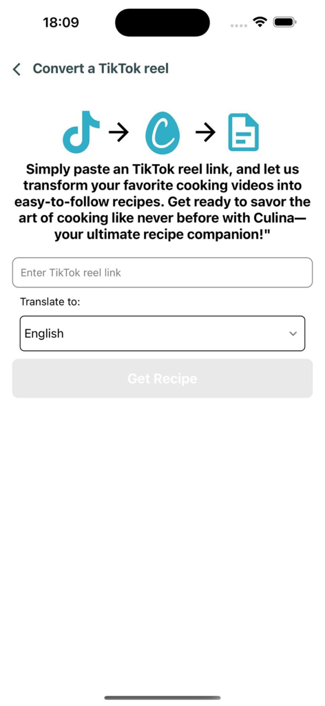 Culina: Ultimate Recipe Book - Interfaccia per convertire video di cucina di TikTok in ricette testuali strutturate utilizzando un link