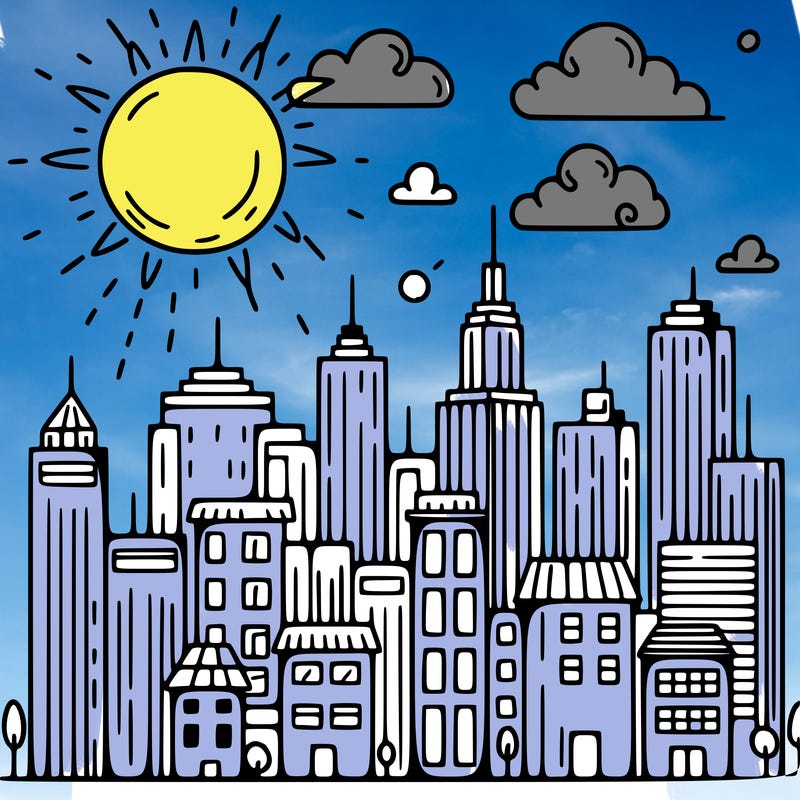 city skyline with sun shining brightly