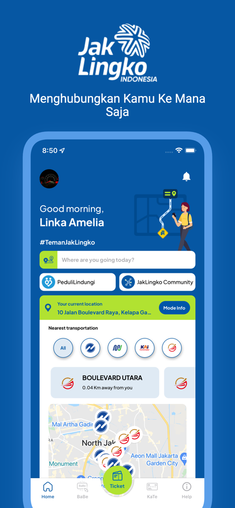JakLingko app home screen showing public transportation options and real-time navigation map in Jakarta