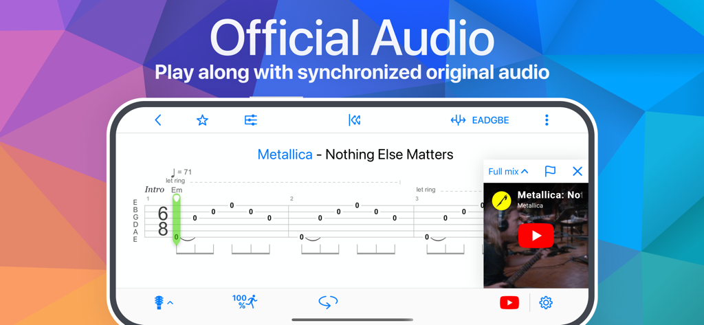 Songsterr Tabs & Chords - Songsterr app interface displaying guitar tabs for Metallica's Nothing Else Matters with synchronized official audio video.