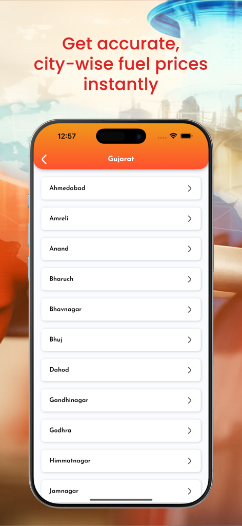 Fuel Price & Station Finder - Écran de smartphone montrant une liste de villes pour vérifier les prix du carburant en temps réel dans l'application Prix du Carburant et Localisateur de Stations