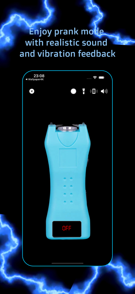 Electric Shock Gun Funny Prank - Mobile app interface showing a blue stun gun simulator with electric lightning effects and prank mode features.