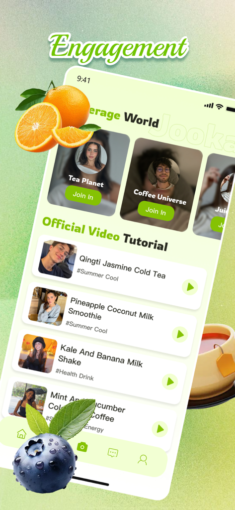 Interfaz de aplicación móvil para Jooka que muestra tutoriales de bebidas y comunidades de bebidas