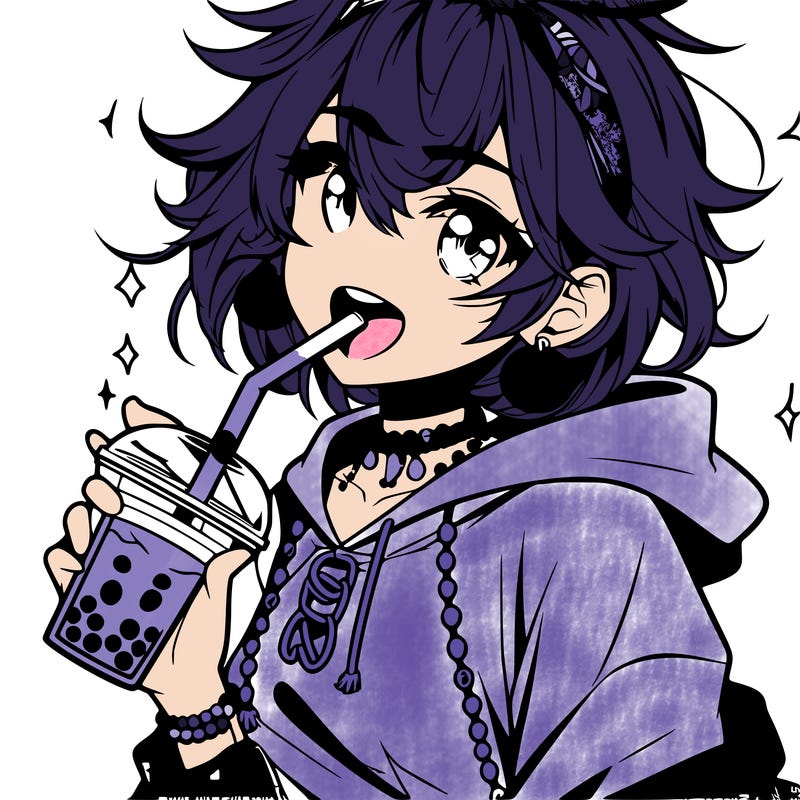 hot baddie anime girl drinking boba and biting the straw