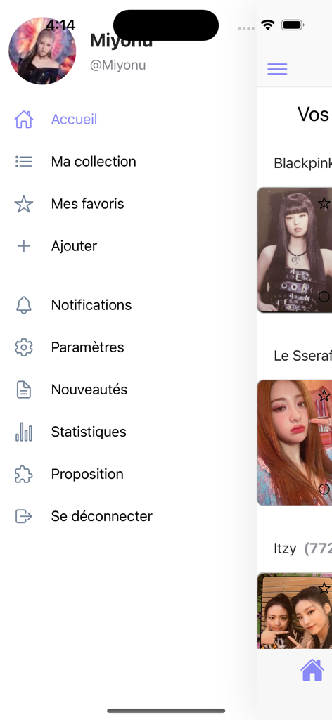 Bibliocards - Bibliocards mobile app interface showing the navigation side menu and a glimpse of a K-pop photocard collection