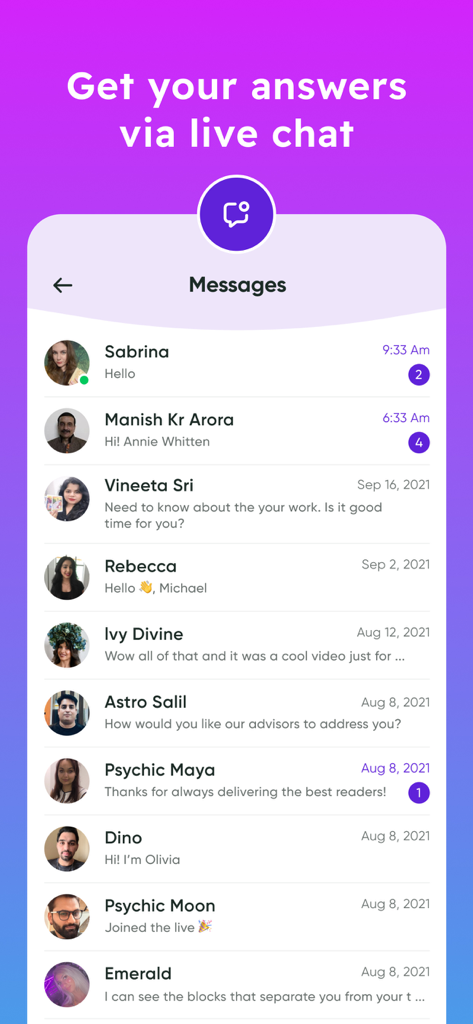 Mobile app interface of Psychic Vision showing a list of private chat messages from real psychic advisors and tarot readers