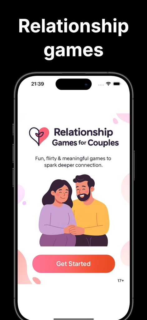 Relationship Game For Couples - Home screen of the Relationship Games for Couples app featuring an illustration of a happy couple and a get started button