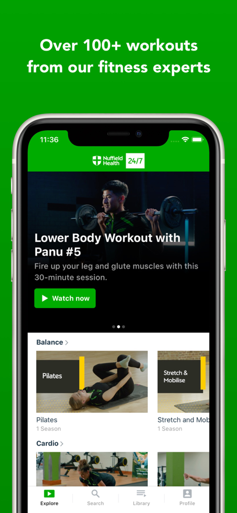Nuffield Health 24/7 - Nuffield Health 24/7 mobile app interface showing fitness workouts and pilates categories