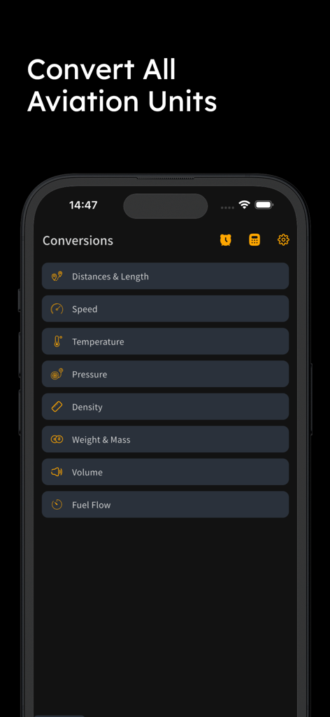 E6B+ E6B Flight Calculator - Interface of the E6B flight calculator app showing various aviation unit conversion categories like distances, speed, and fuel flow.