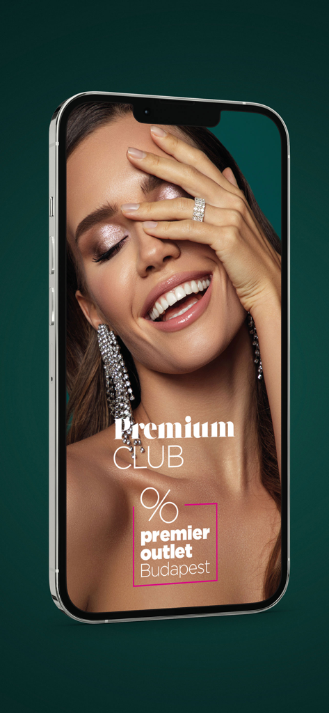 Premier Outlet Budapest - 미소 짓는 여성이 등장하는 프리미어 아울렛 부다페스트 PremiumCLUB 앱 스플래시 화면