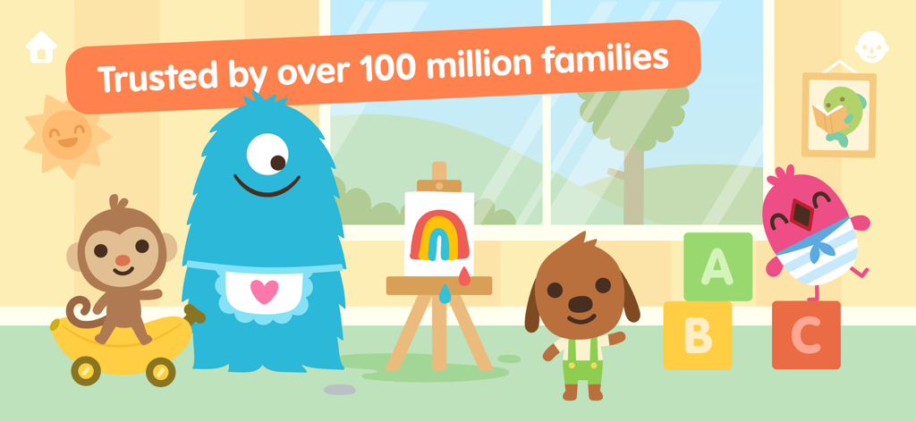 Personajes caprichosos de Sago Mini World en un entorno de juego creativo con bloques educativos y una pintura de arcoíris