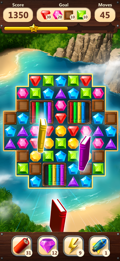 Jewels Planet  - Match 3 Game - A match 3 puzzle level in Jewels Planet featuring colorful gems and bookshelves against a tropical beach landscape