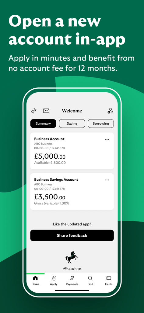 Interface do aplicativo Lloyds Business Banking mostrando saldos de contas empresariais e de poupança na tela de resumo