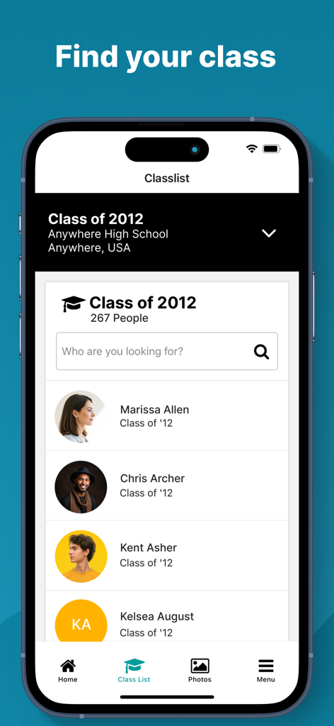 Classmates™ Mobile App - Classmates app screen showing high school class list search and student profiles