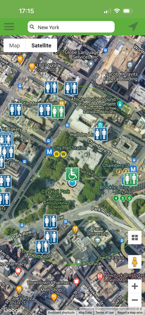 Bathroom Scout - Satellite map of New York City showing available restroom locations with icons