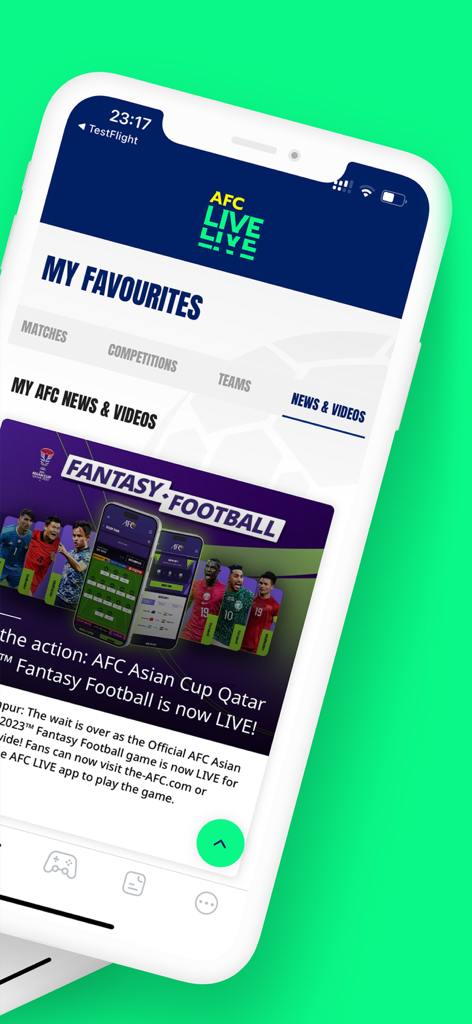 AFC LIVE - AFC LIVE mobile app news interface showing favorite matches and fantasy football updates.