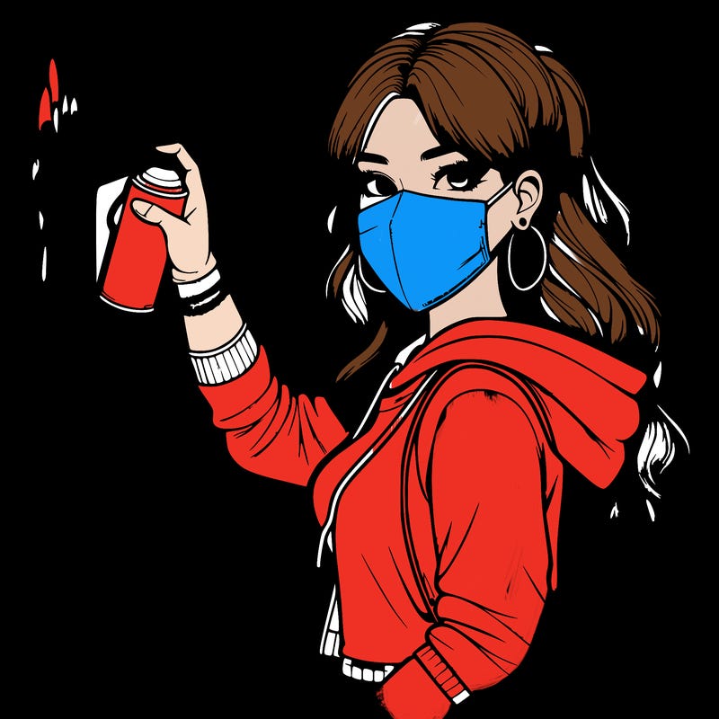 realistic girl with mask spray painting a wall
