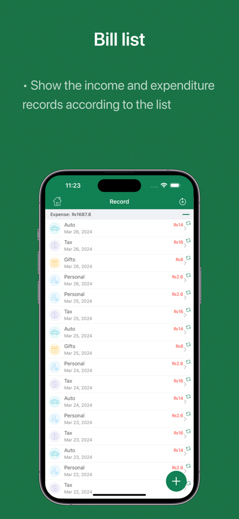 Simple Budget - Save Money - カテゴリ分けされた日々の支出と収入記録の時系列リストを表示するモバイルアプリインターフェース