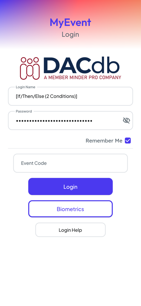 MyEvent by Member Minder Pro - Pantalla de inicio de sesión de la aplicación MyEvent con campos de marca DACdb para nombre de usuario, contraseña y código de evento, y un botón de biometría.