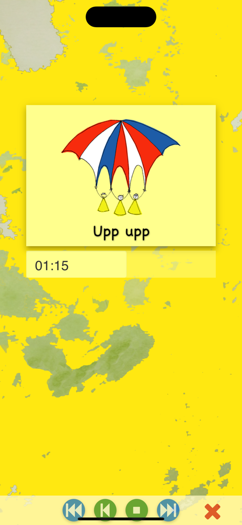Man kan sjunga - Musikwiedergabe-Oberfläche für das Lied Upp upp in der Man kan sjunga Sonderpädagogik-App mit einer Zeichnung von Kindern unter einem Fallschirm.