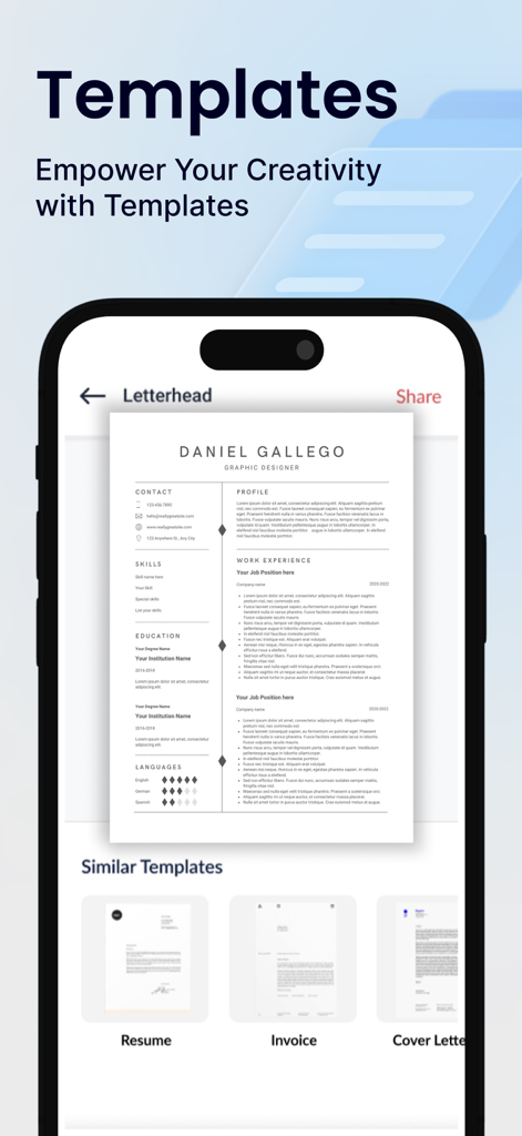 Uma interface de aplicativo móvel exibindo um modelo de currículo e uma seleção de outros modelos de documentos como faturas e cartas de apresentação.