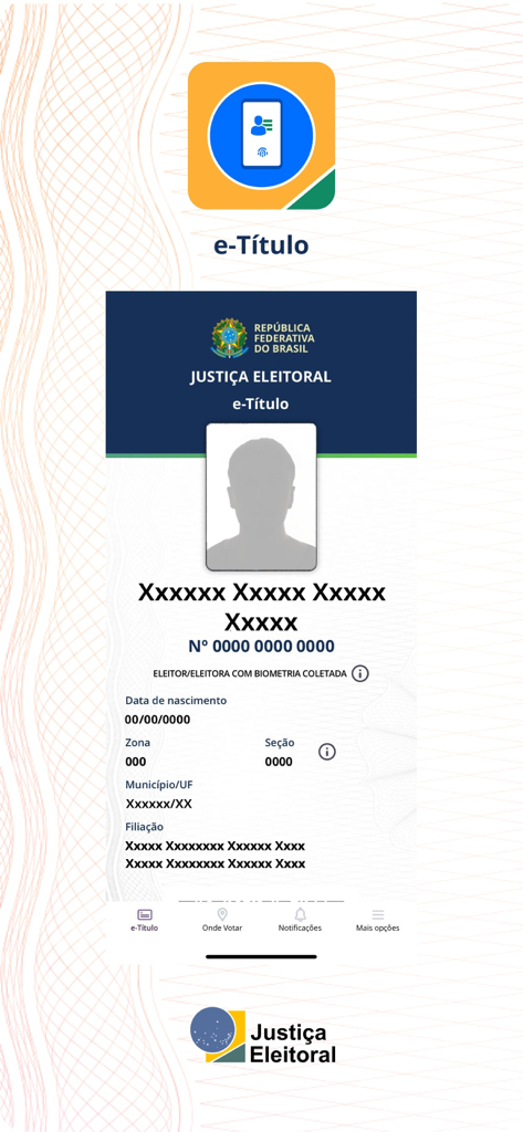 Digital Brazilian voter identification card displayed within the e-Titulo mobile application.