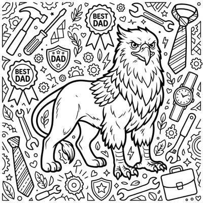 Unleash your creativity with this extraordinary Father's Day coloring page, featuring a powerful Keythong griffin surrounded by iconic dad-themed elements. It's the perfect way to craft a personalized tribute to the special father figure in your life.