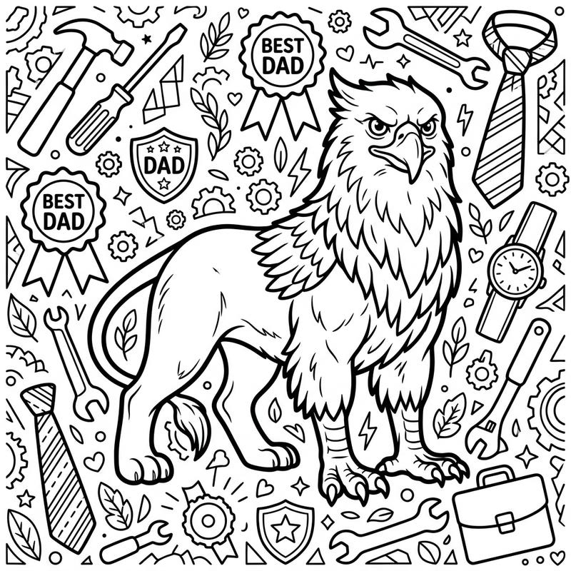 Unleash your creativity with this extraordinary Father's Day coloring page, featuring a powerful Keythong griffin surrounded by iconic dad-themed elements. It's the perfect way to craft a personalized tribute to the special father figure in your life.