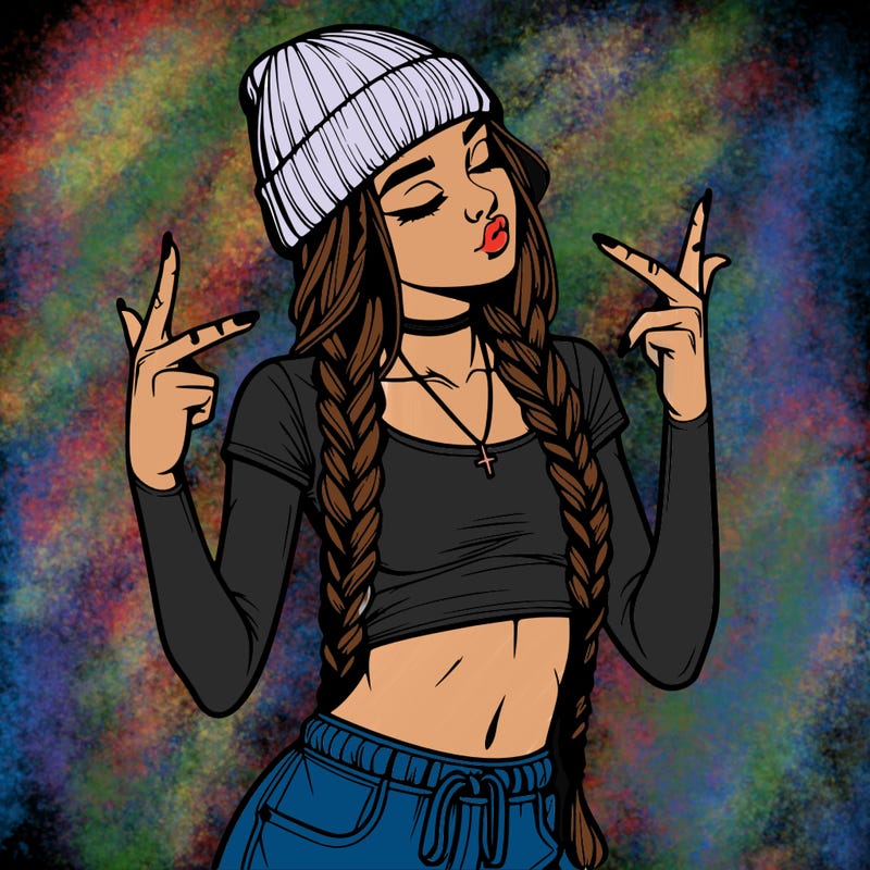 realistic teenage girl with braids and a beanie and crop top doing 🫶🏼