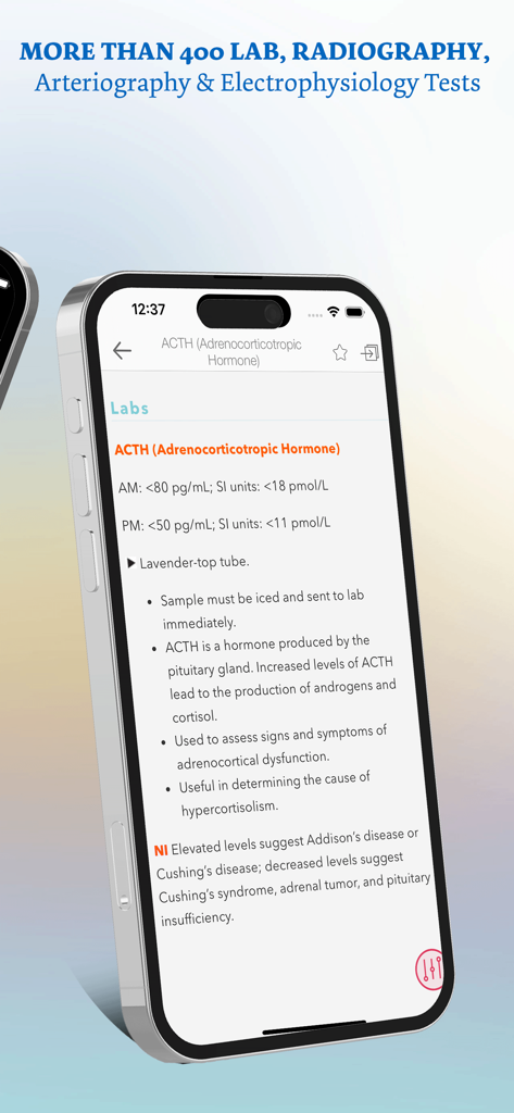 Lab Notes & Diagnostic Tests - iPhone screen showing details for the ACTH lab test including normal values and the lavender-top specimen tube requirement