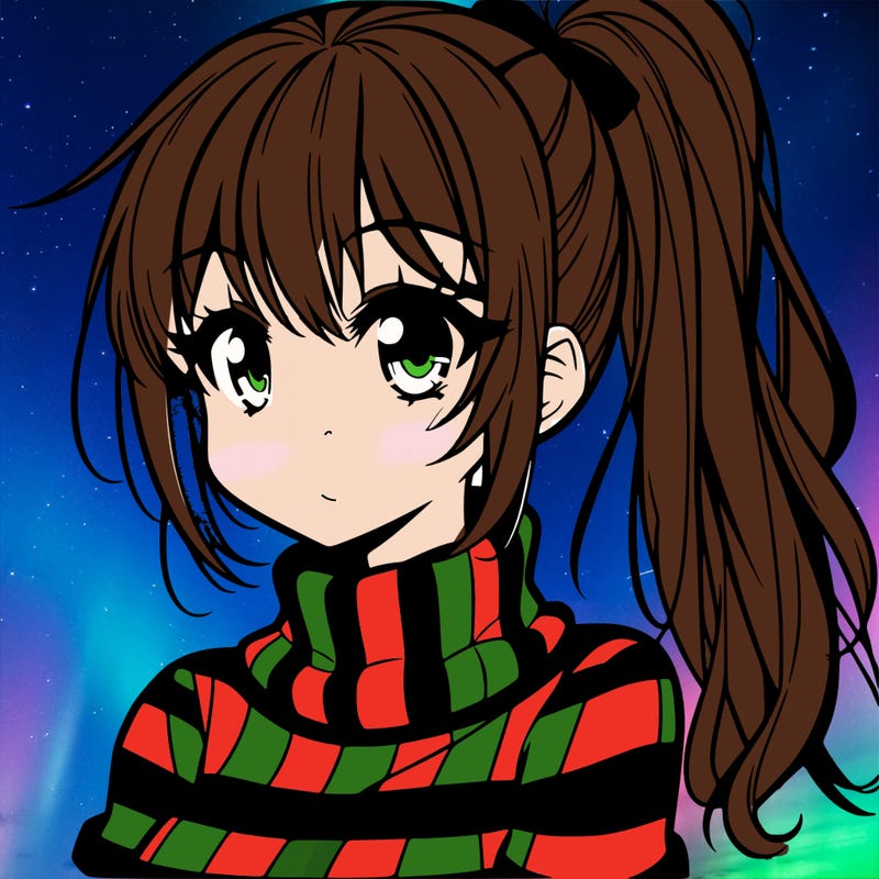 anima girl with high ponytail and striped turtle neck