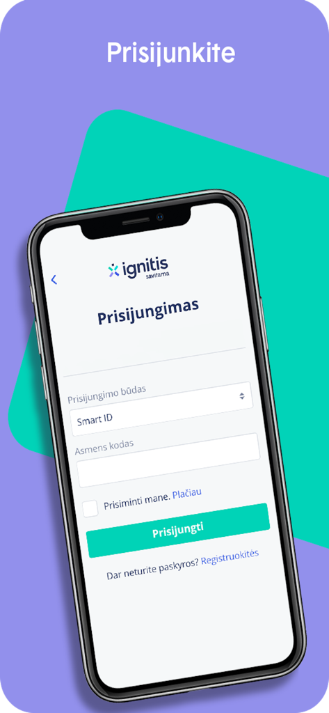 Ignitis savitarna - Login screen of the Ignitis savitarna mobile app for utility bill payments.