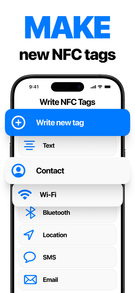 NFC Tools: Tag Reader,Writerㅤ - Interfaz de la aplicación NFC Tools mostrando opciones para escribir nuevas etiquetas NFC para contactos, Wi-Fi y ubicación