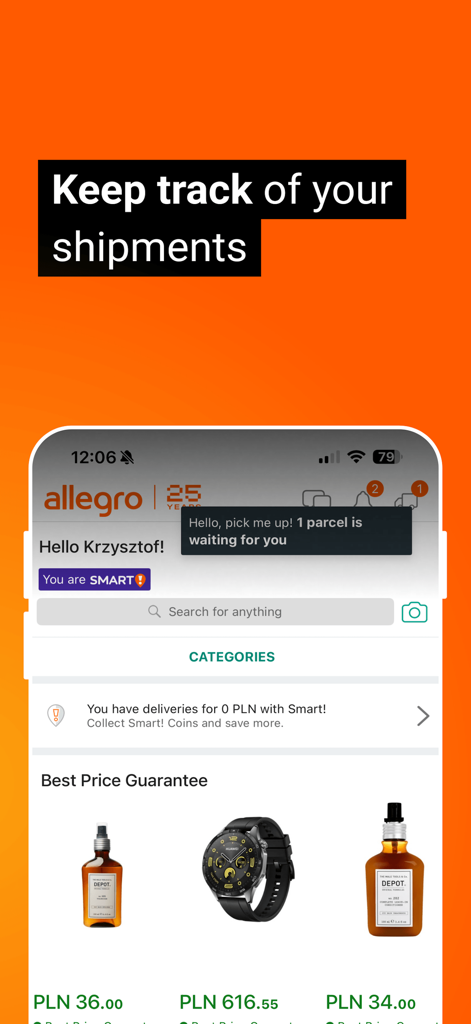 Interface da aplicação Allegro mostrando uma notificação de rastreio de remessas e ofertas de produtos em PLN