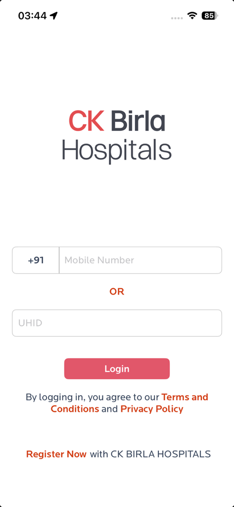 CK Birla Hospitals - Login screen for the CK Birla Hospitals app showing input fields for mobile number and UHID