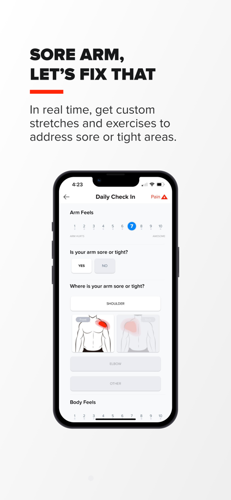 Arm Care - The Arm Care app daily check in screen for tracking arm soreness and recovery.