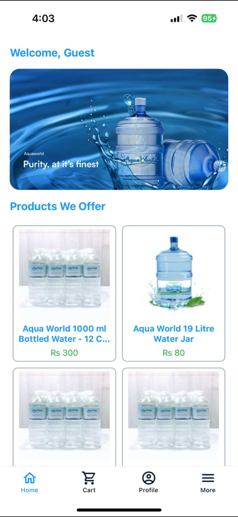 Aqua World - Aqua World app home screen showing bottled water packs and 19 liter water jars available for delivery