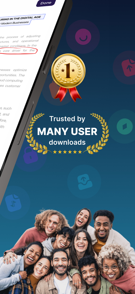 ドキュメントスキャナーアプリのインターフェースに金メダルと多くの幸せなユーザーが表示されています。