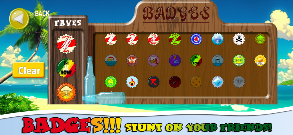 A menu display of collectible bottle cap badges in the Caribbean Dominoes Jamaican mobile game.