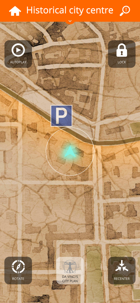 La aplicación VisitARe Imola muestra un mapa histórico del centro de la ciudad con controles de navegación