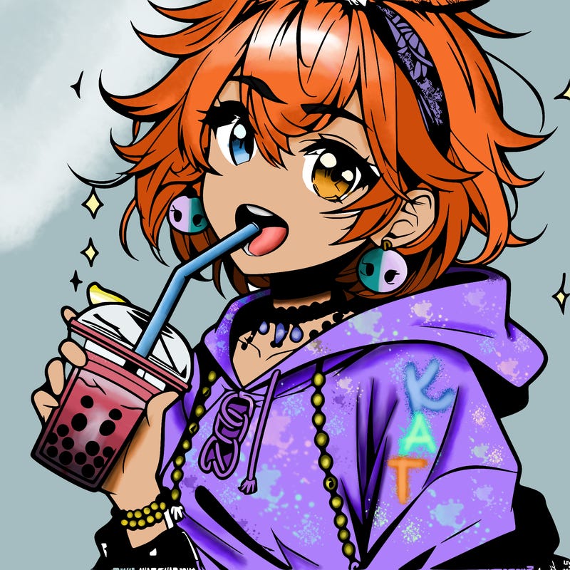 hot baddie anime girl drinking boba and biting the straw