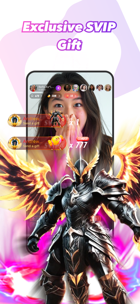 Mango Live-Live Stream - Uma captura de tela do aplicativo Mango Live mostrando uma animação de presente virtual SVIP exclusiva de um cavaleiro blindado alado durante uma transmissão ao vivo