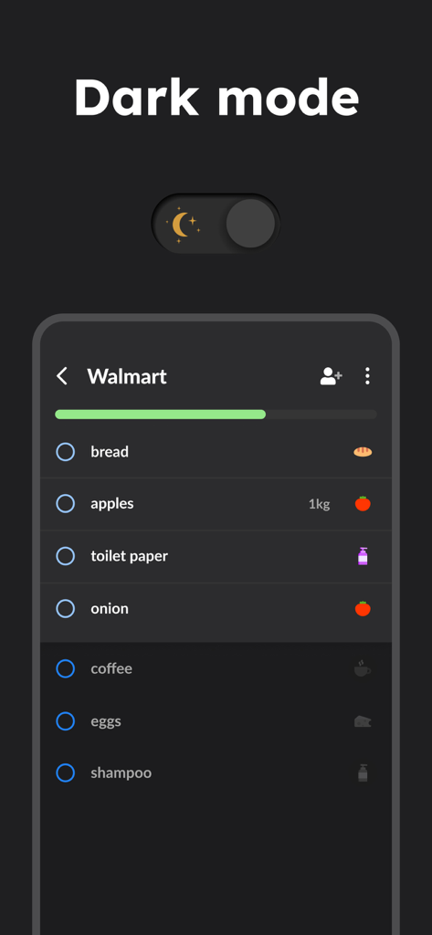 Dark mode interface of the Listonic grocery list app showing a Walmart shopping list